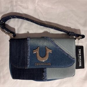 True Religion Two-Tone Blue Denim Wristlet with Horseshoe Emblem